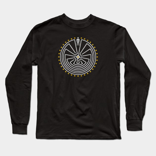 Native American Symbol - Man In The Maze - Gold Silver Long Sleeve T-Shirt by EDDArt